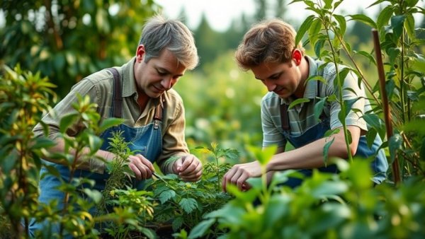 Individuals gardening to create a garden sanctuary, lush surroundings.