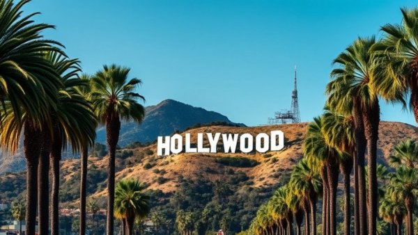 Hollywood sign with palm trees, serene view, daylight.