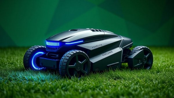 Futuristic lawn mower projecting blue lights, best robot lawn mowers 2026.