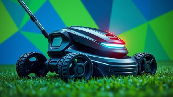 Futuristic robot lawn mower with blue light on green background