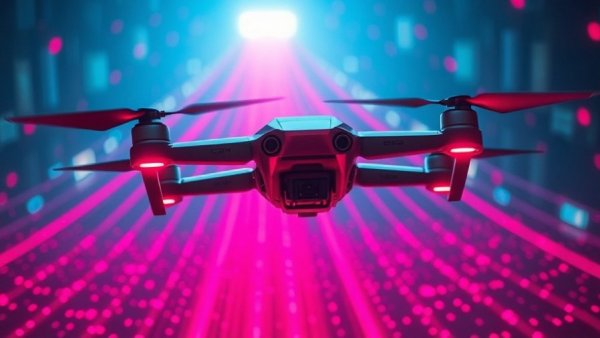 Drones in flight with laser targets, digital background