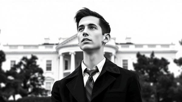 Monochrome illustration of man with White House, symbolizing government efficiency redesign.