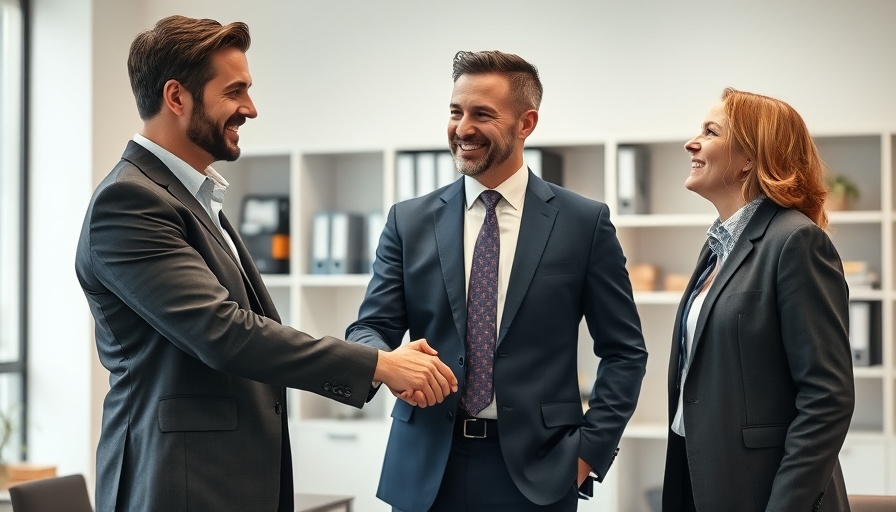 Professional lawyer shaking hands with client in modern office.