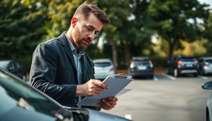 Accident reconstruction expert assessing car damage with clipboard.