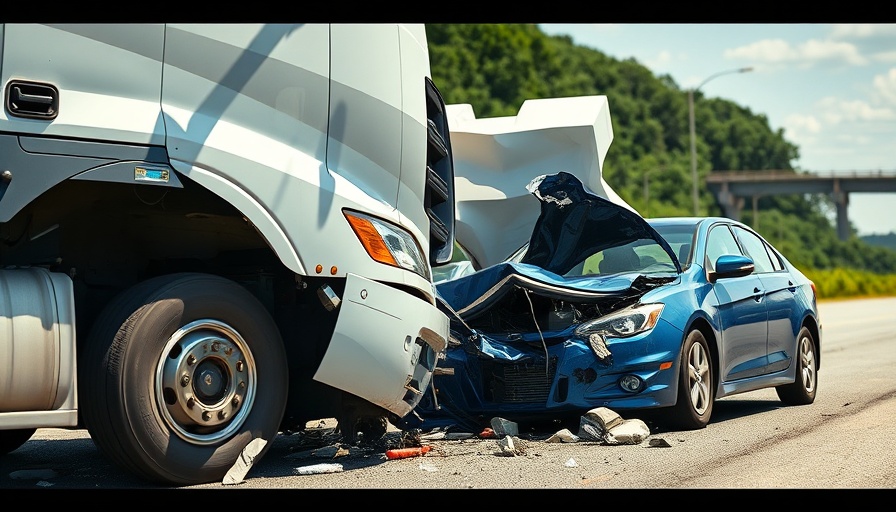 Damaged truck and car after collision on highway.
