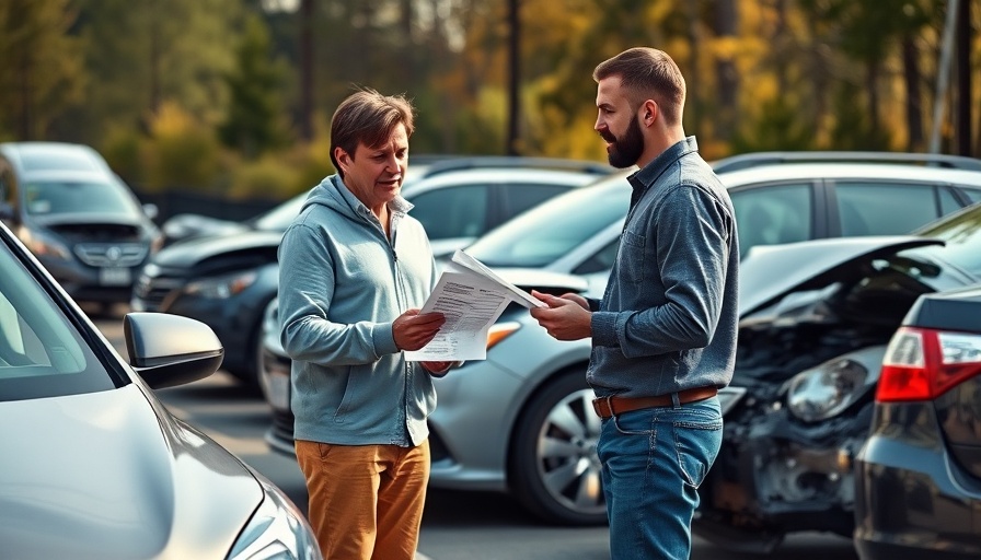 Discussing accident details by damaged cars, no insurance guidance scene.