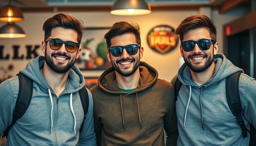 Three men in casual wear pose indoors, showcasing camaraderie. Entrepreneurship Through Podcasting.