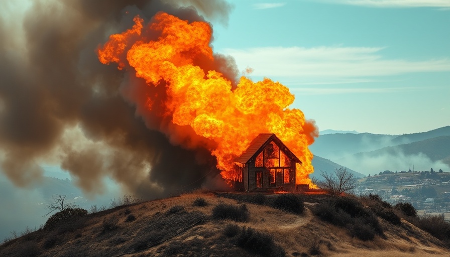 Firefighting efforts in the 2025 Los Angeles wildfire with house ablaze.