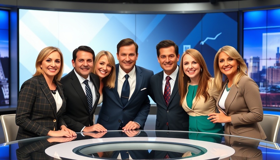 News anchors in a modern studio setting.
