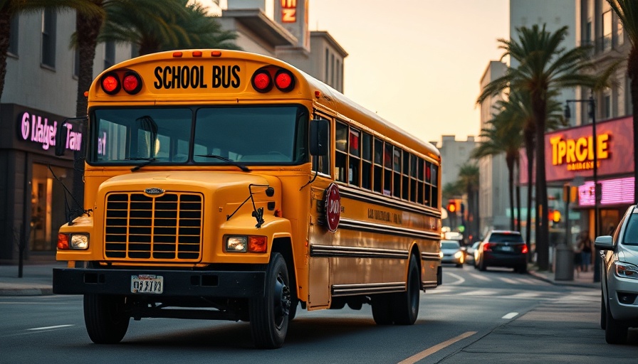 School bus stopped in urban California setting.