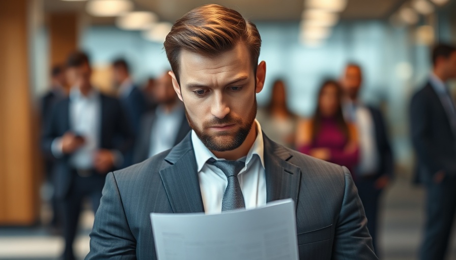 Thoughtful man reading document in office, corporate setting.