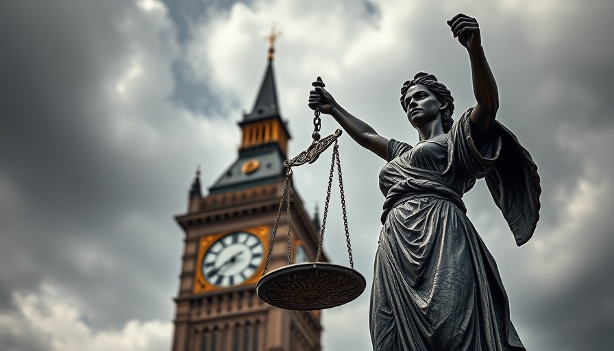 Statue of Justice beside clock tower symbolizing legal time constraints.