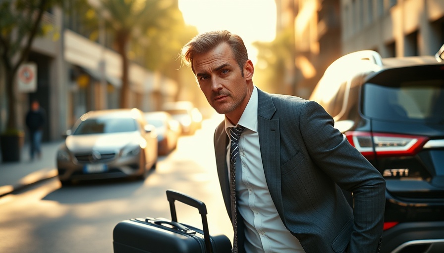 Businessman dealing with rental car incident stress, navigating rental car accidents.