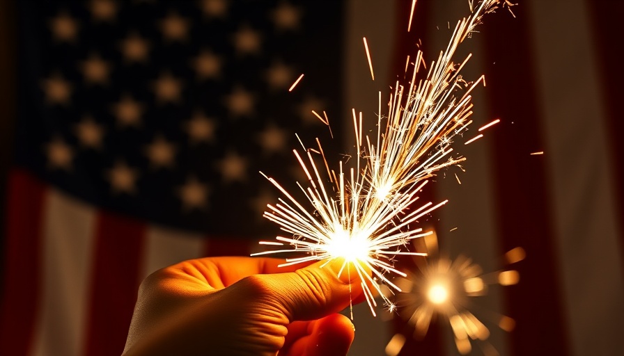 4th of July safety: Sparkler and flag backdrop.