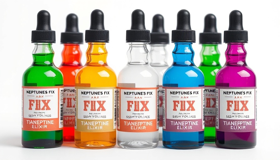 Colorful Tianeptine Elixir bottles illustrating tianeptine dangers.