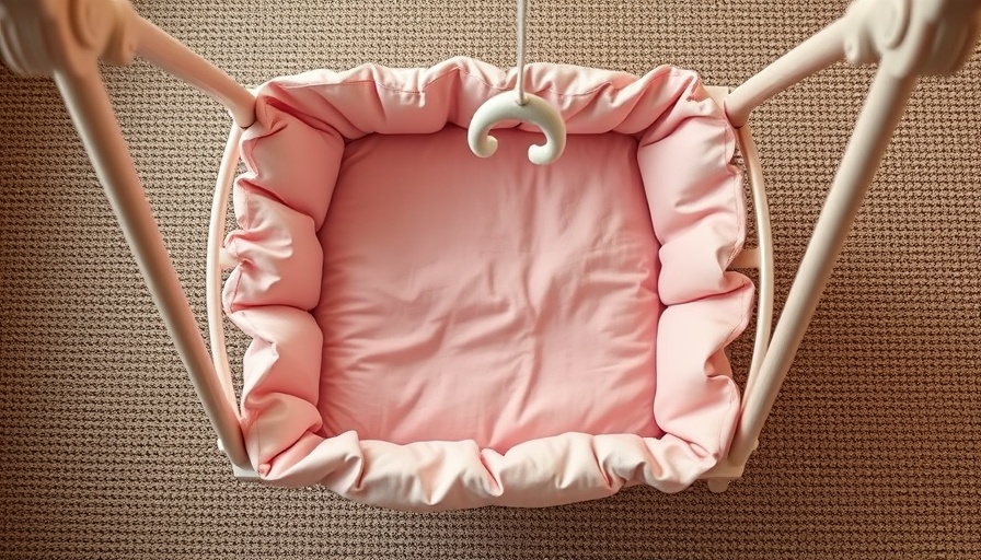 Pink cradle swing, potential safety hazards, on carpet floor.