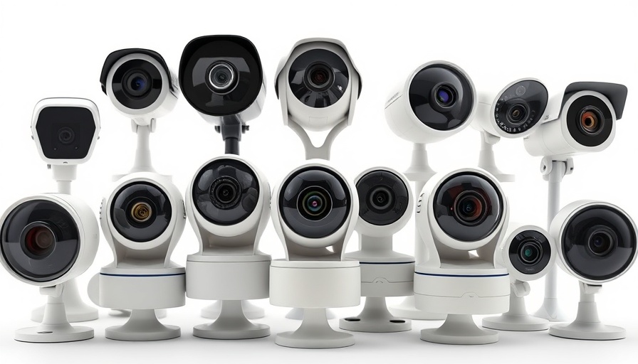 Various modern home security cameras aligned on a white background.