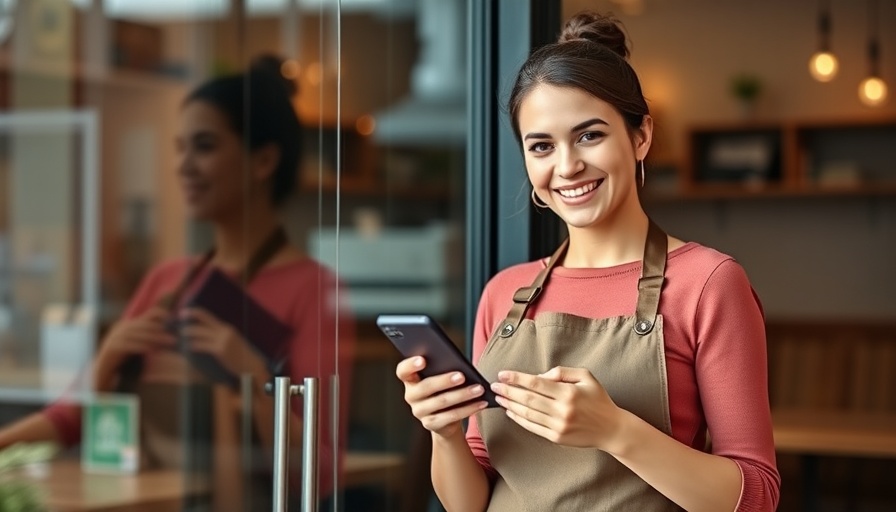Happy café worker with smartphone enhancing business security system efficiency.