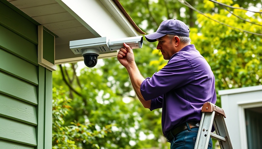Man installing home security cameras on house exterior.