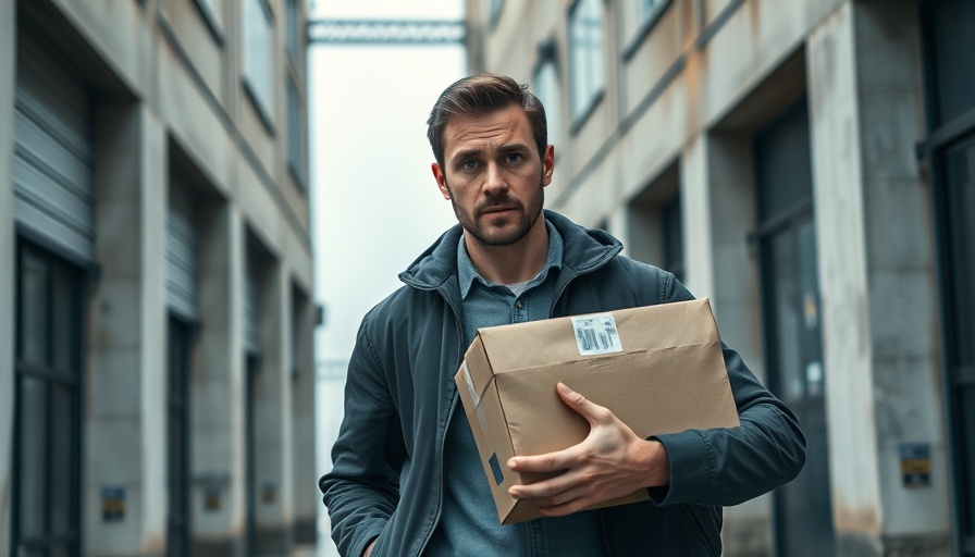 Man carrying package near industrial building entrance, illustrating workplace security.