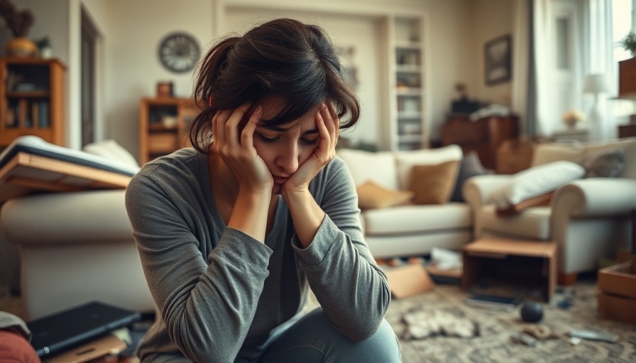 Distressed woman in a messy room highlighting importance of home security systems.