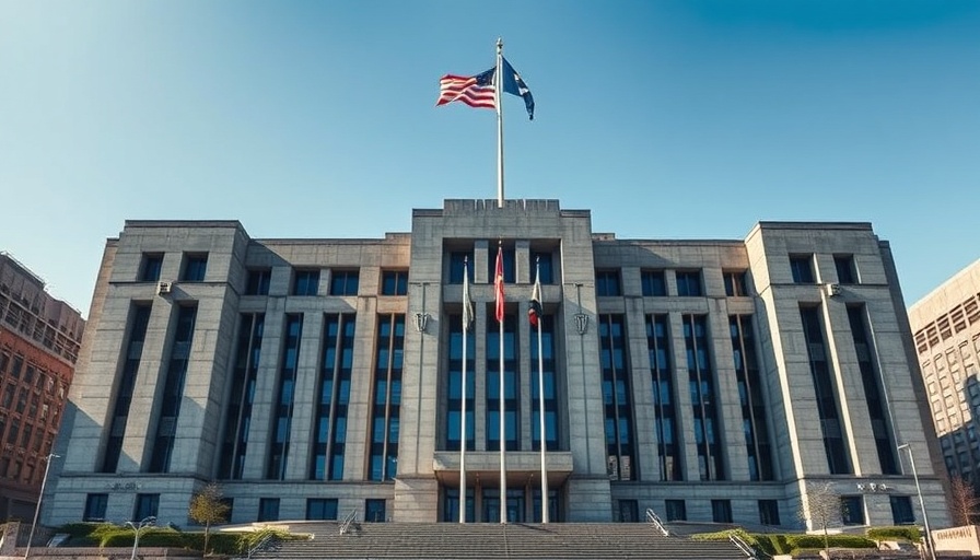 Brutalist government building with flags under a blue sky. The Role of Video Surveillance in Securing Government Buildings