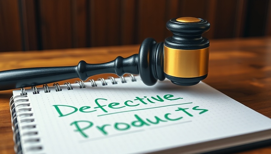 Gavel on notebook with 'Defective Products' handwritten text.
