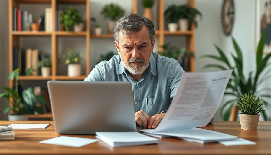 Middle-aged man frustrated at desk, reviewing claims paperwork.