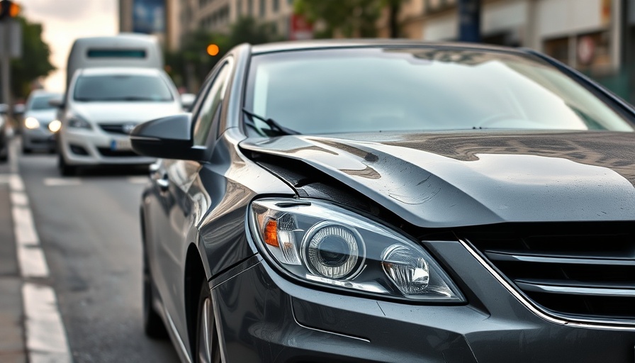Damaged rental car parked on city street depicting accident impact.