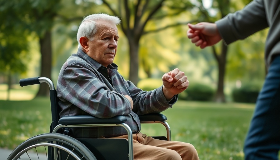 Signs of Nursing Home Abuse: Older adult in wheelchair, showing distress, in park setting.