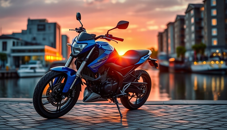 Blue motorcycle at sunset by waterfront; relates to common motorcycle accident scenarios.