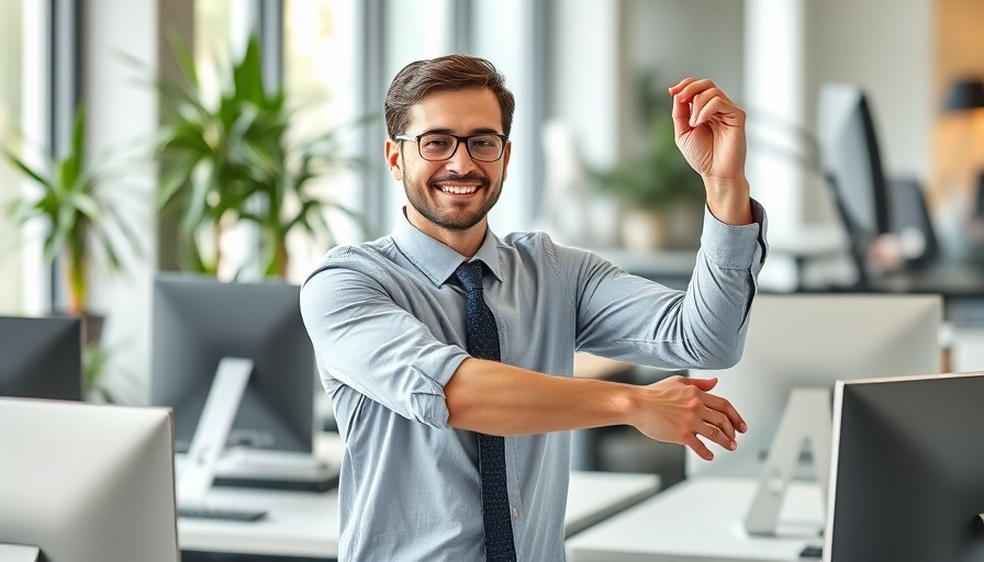 Standing office worker stretching to reduce daily sitting for back pain prevention.