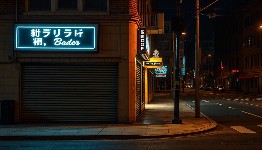 Closed boutique and barber shop at night with glowing neon signs.