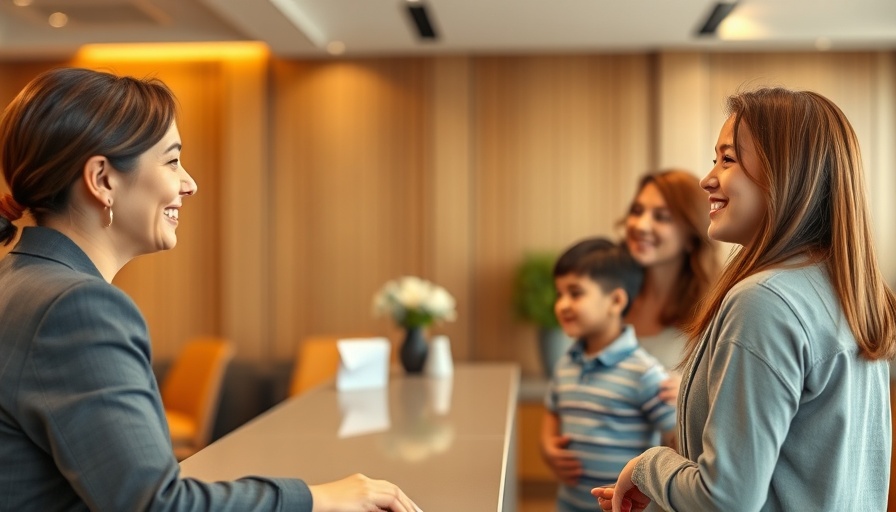 Friendly hotel receptionist welcoming a family at check-in.