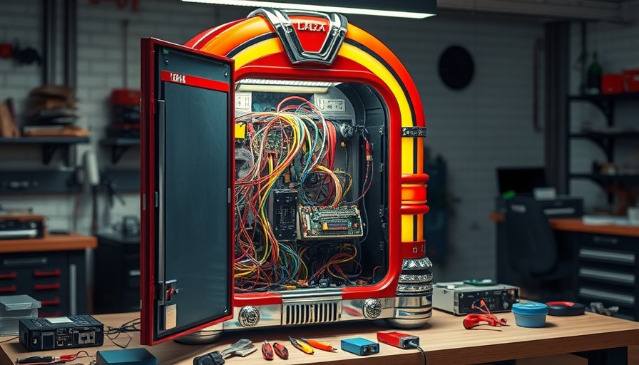 Internal components of a red holiday jukebox, Home Assistant support setup.