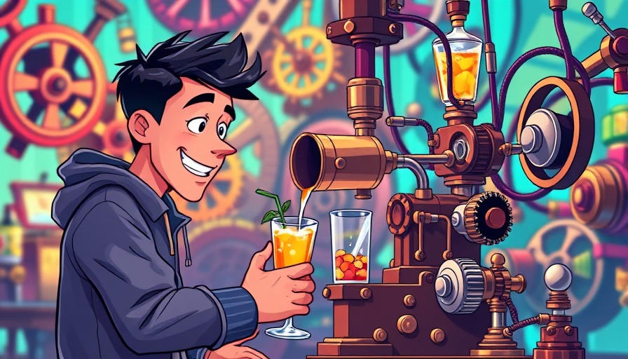 Vibrant cartoon of a man using a Rube Goldberg machine for home automation.