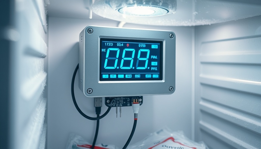 Close-up of DIY freezer monitor with sensor inside.
