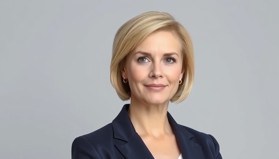 Professional woman in navy blazer, studio portrait.
