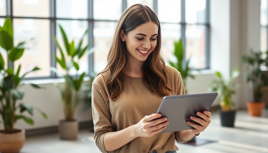 Young woman using tablet in modern office with natural lighting