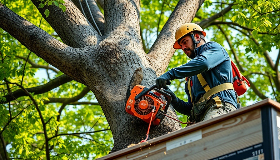 Tree worker cutting branch at height