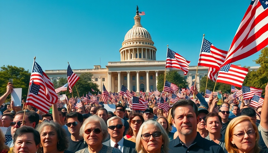 Nationwide anti-Trump protests with large crowd in front of building.