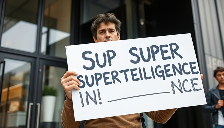 Protester outside building holding sign against AI superintelligence, advocating AI safety transparency.