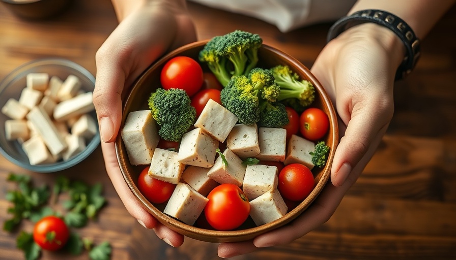 Low-fat vegan diet salad with tofu and vegetables being prepared.
