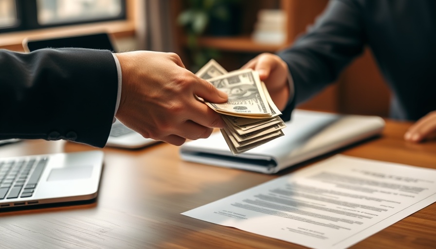 Close-up of hands exchanging money over a contract and laptop.