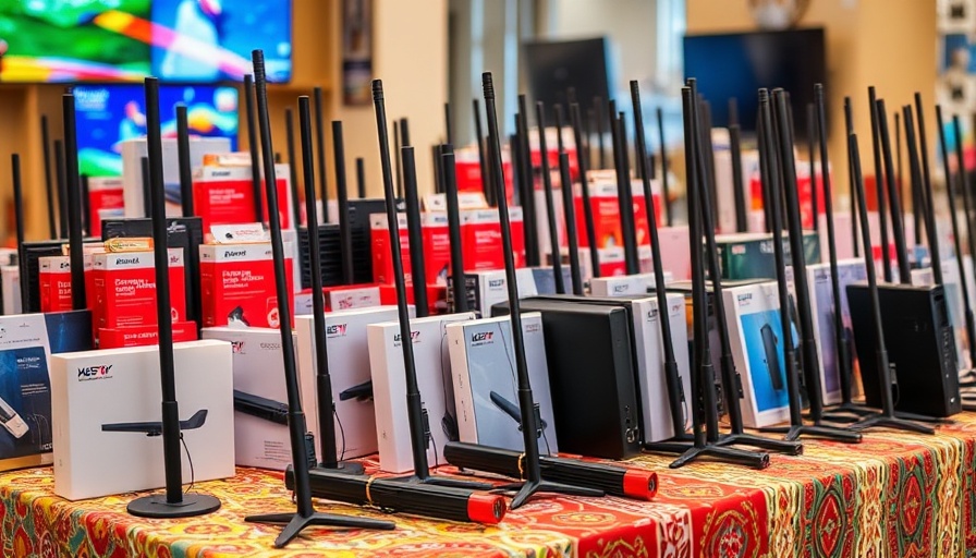 Variety of best indoor TV antennas arranged on colorful tablecloths.