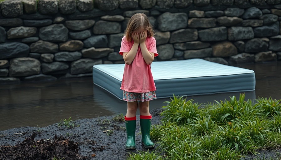 Distressed girl stands amid flood devastation, evoking Texas flood victims' plight.