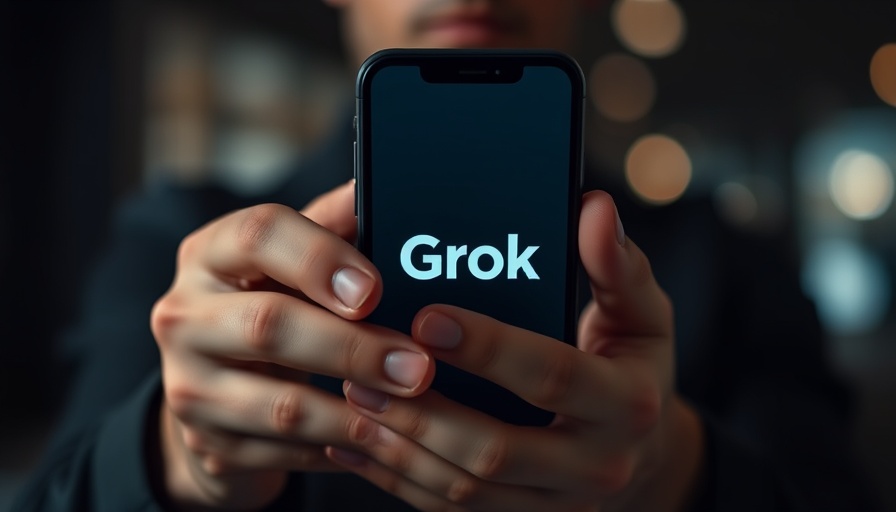 Smartphone showing Grok logo with blurred person in background, AI in Tesla vehicles.