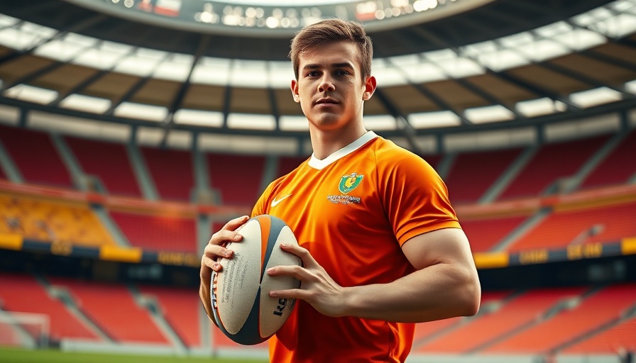 Australian rugby fly-half confidently holding ball in stadium.