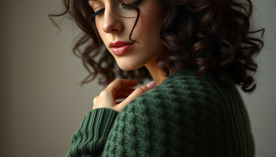 Woman with curly hair in green sweater touching shoulder, serene.