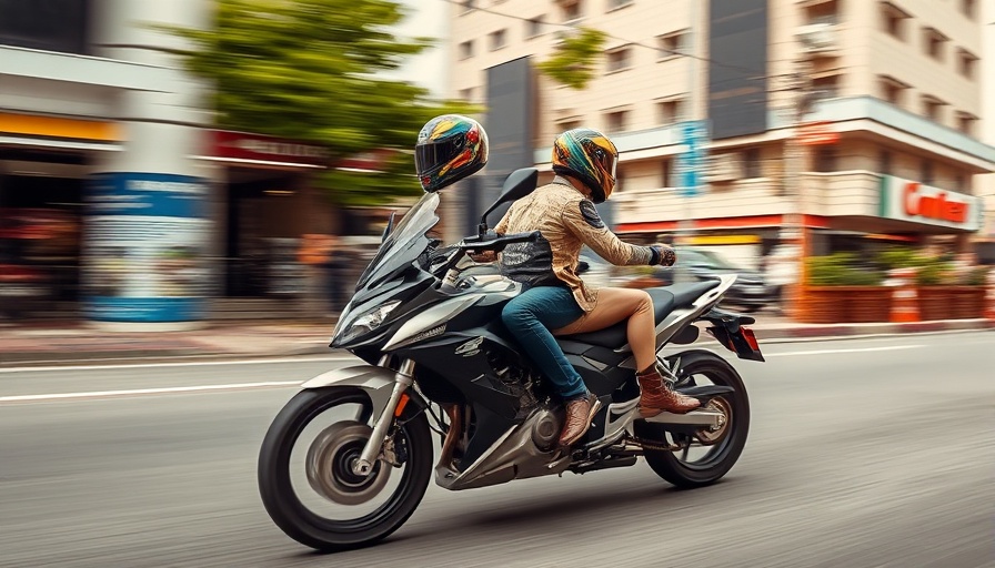 Motorcyclists riding on urban street, city traffic background